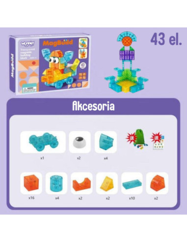WOOPIE Przezroczyste Magnetyczne Klocki Konstrukcyjne 43 el.