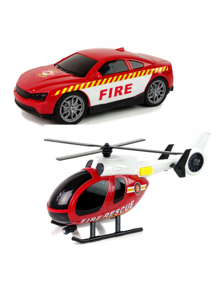 WOOPIE Zestaw Pojazdów Laweta Strażacka Helikopter Samochód Dźwięk Światła
