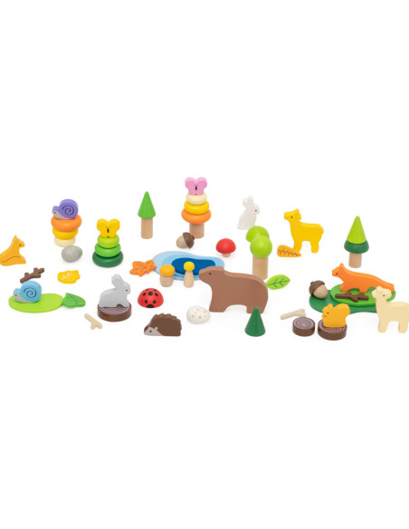 VIGA Drewniane Klocki Kolorowe Leśne Opowieści Pudełko 58el.
