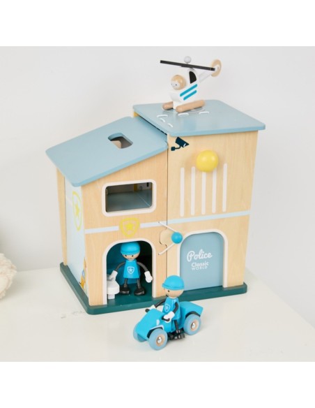 CLASSIC WORLD Posterunek Policji Drewniany Samochód Helikopter FIgurki 12el.