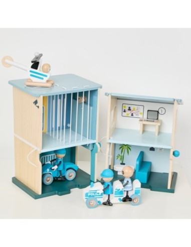 CLASSIC WORLD Posterunek Policji Drewniany Samochód Helikopter FIgurki 12el.
