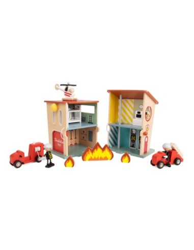 CLASSIC WORLD Remiza Strażacka Drewniana Garaż Auto Helikopter Figurki 13el.