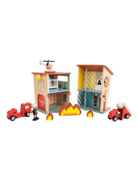 CLASSIC WORLD Remiza Strażacka Drewniana Garaż Auto Helikopter Figurki 13el.