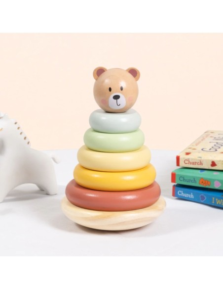 TOOKY TOY Drewniana Układanka Sensoryczna Piramidka Miś Sensoryczny Kolorowy Stacker