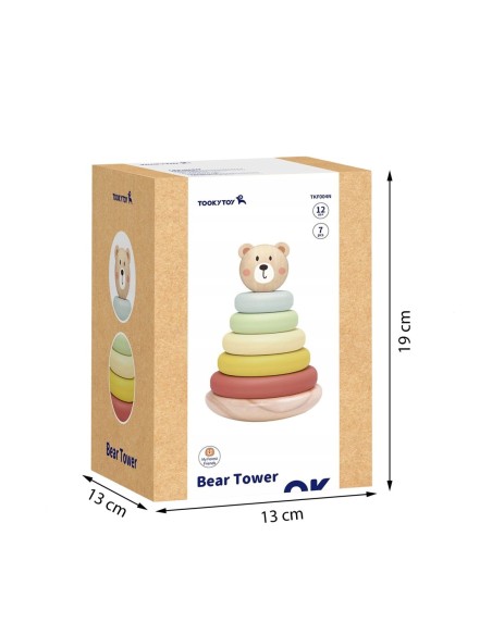 TOOKY TOY Drewniana Układanka Sensoryczna Piramidka Miś Sensoryczny Kolorowy Stacker