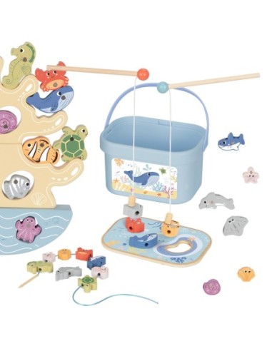 TOOKY TOY Drewniany Zestaw Morskich Zabawek Wieża Balansująca Łowienie Ryb Figurki 23 Elementy