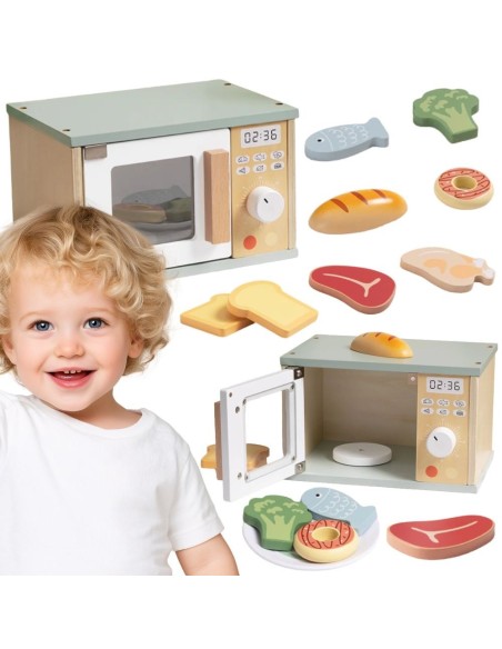 TOOKY TOY Drewniana Kuchenka Mikrofalowa Zestaw Produktów Sporzywczych
