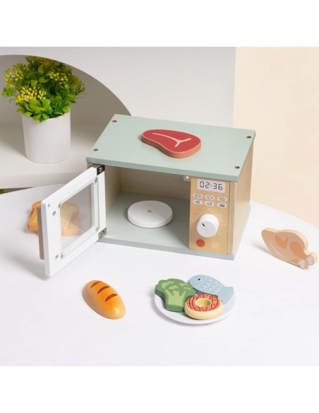 TOOKY TOY Drewniana Kuchenka Mikrofalowa Zestaw Produktów Sporzywczych