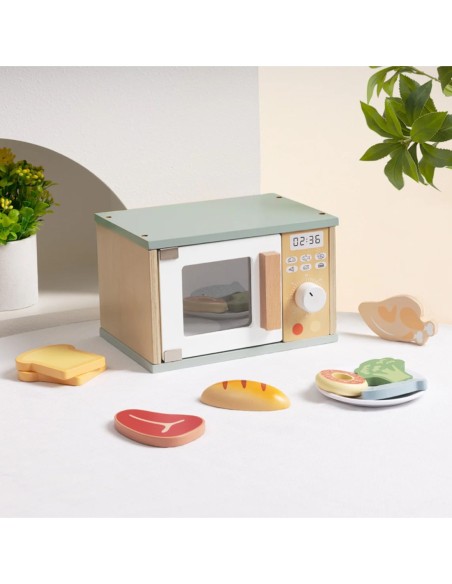 TOOKY TOY Drewniana Kuchenka Mikrofalowa Zestaw Produktów Sporzywczych