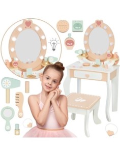 TOOKY TOY Drewniana Toaletka z Krzesełkiem Akcesoria Lustro + Kosmetyki