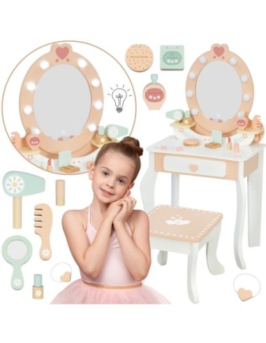 TOOKY TOY Drewniana Toaletka z Krzesełkiem Akcesoria Lustro + Kosmetyki