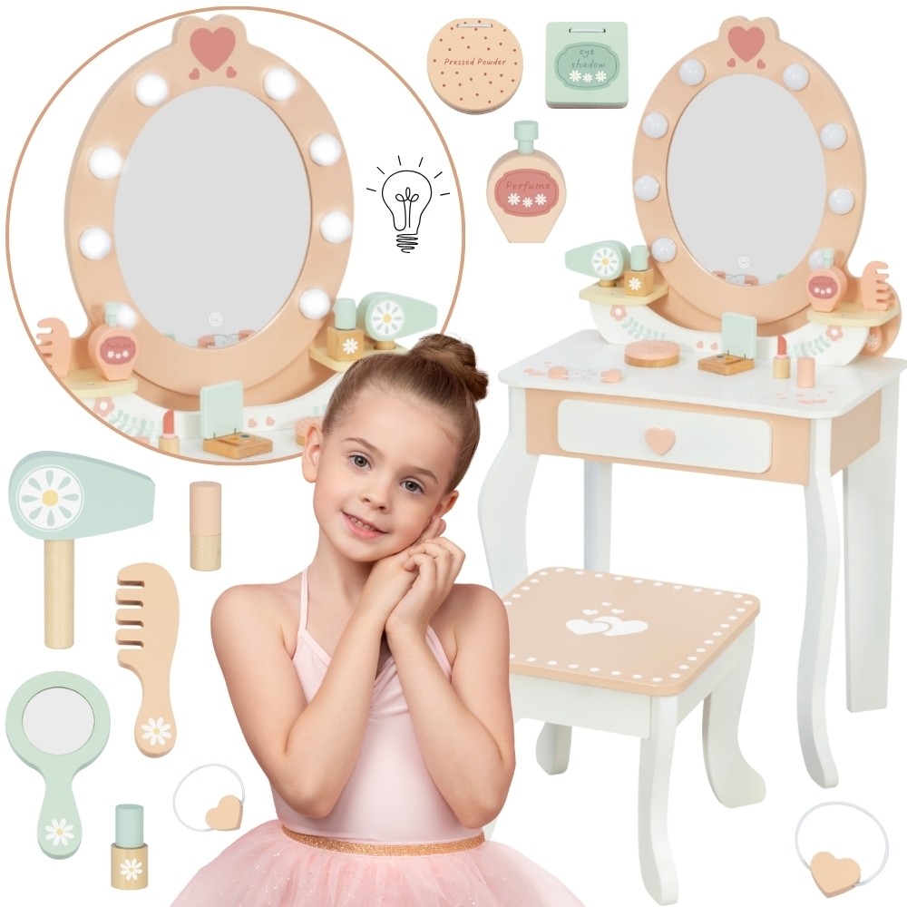 TOOKY TOY Drewniana Toaletka z Krzesełkiem Akcesoria Lustro z Oświetleniem LED + Kosmetyki