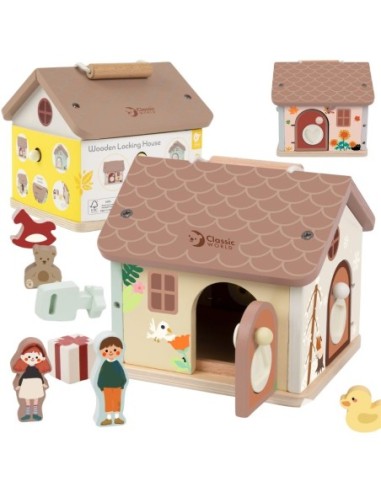 CLASSIC WORLD Drewniany Domek Sensoryczny Edukacyjny z Zamkami Kłódkami 11el.