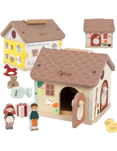 CLASSIC WORLD Drewniany Domek Sensoryczny Edukacyjny z Zamkami Kłódkami 11el.