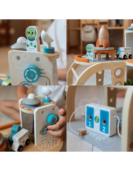TOOKY TOY Drewniany Kosmiczny Parking - Stacja Kosmiczna dla Dzieci