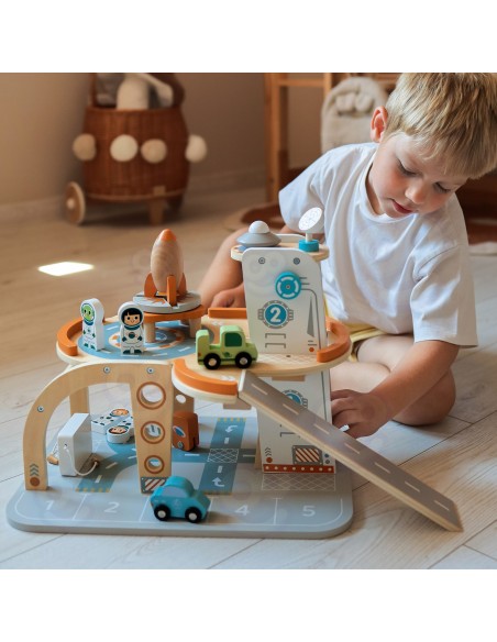 TOOKY TOY Drewniany Kosmiczny Parking - Stacja Kosmiczna dla Dzieci
