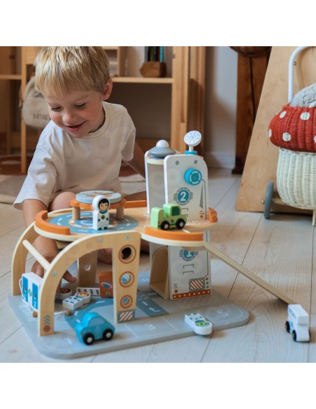 TOOKY TOY Drewniany Kosmiczny Parking - Stacja Kosmiczna dla Dzieci