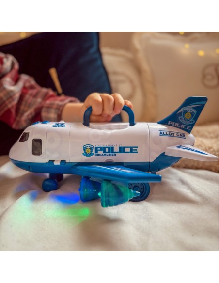 Großes Polizeiflugzeug-Transporter mit Autos und Geräuschen – WOOPIE