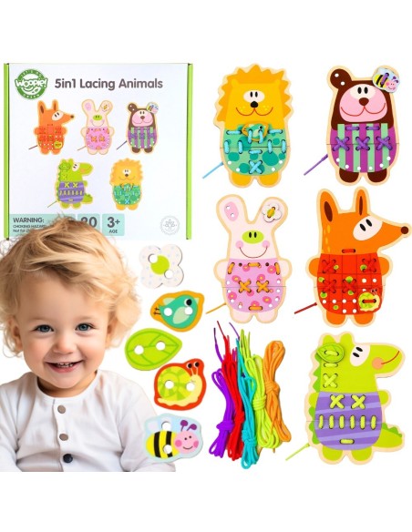 WOOPIE GREEN Wooden Lace 5-in-1 Animals for Threading