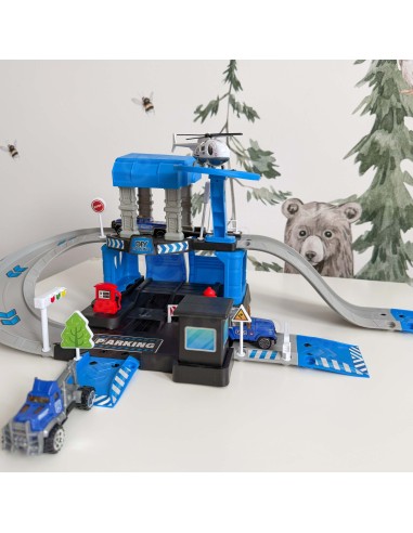 Parking policyjny z autkami i helikopterem - Zabawka dla dzieci Woopie