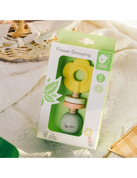 Drewniana Pastelowa Grzechotka Gryzak Kwiatuszek 2w1 0+ CLASSIC WORLD