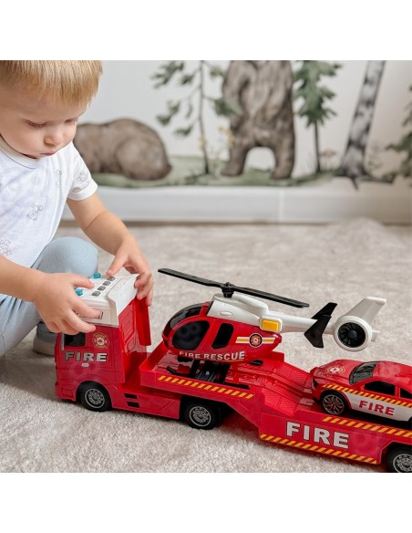 Duży zestaw laweta straży pożarnej z autkiem i helikopterem Woopie