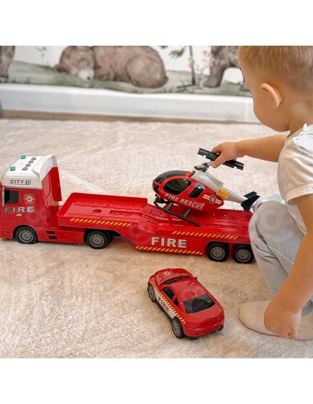 Duży zestaw laweta straży pożarnej z autkiem i helikopterem Woopie