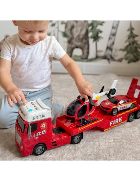 Duży zestaw laweta straży pożarnej z autkiem i helikopterem Woopie