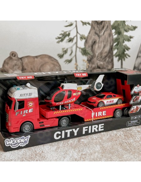 Duży zestaw laweta straży pożarnej z autkiem i helikopterem Woopie