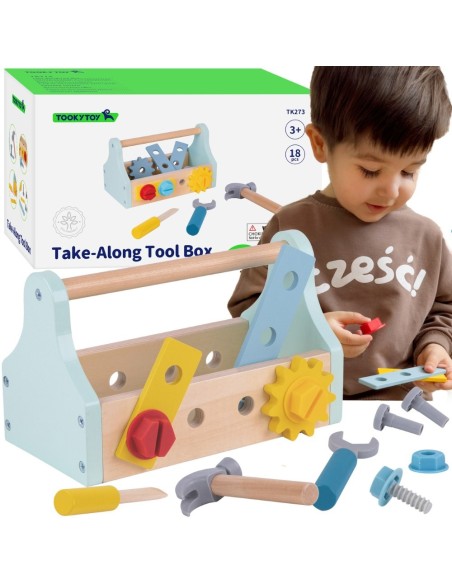 TOOKY TOY 18-piece Wooden Tool Box - Set for Children