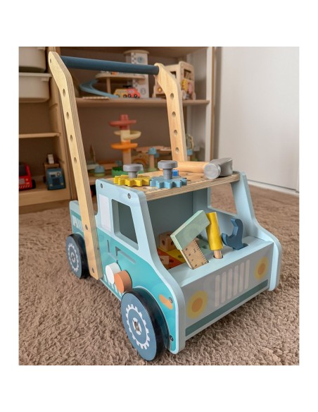 Dvigubas 2-in-1 „Chodzik“ dirbtuvės vežimėlis Tooky Toy – medinis stumdukas su įrankiais