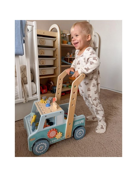 Dvigubas 2-in-1 „Chodzik“ dirbtuvės vežimėlis Tooky Toy – medinis stumdukas su įrankiais