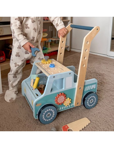 Dvigubas 2-in-1 „Chodzik“ dirbtuvės vežimėlis Tooky Toy – medinis stumdukas su įrankiais