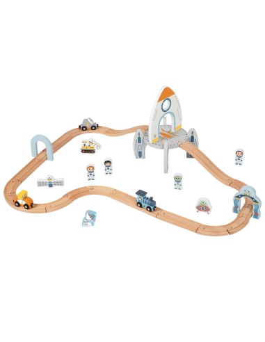 Medinė kosminė trasa TOOKY toy – bėgių rinkinys, raketa 3+ žaidimas