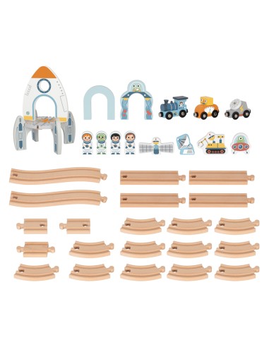 Holz-Weltraumzug Tooky toy – Strecken-Set mit Rakete, 3+ Spiel