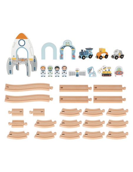 Holz-Weltraumzug Tooky toy – Strecken-Set mit Rakete, 3+ Spiel