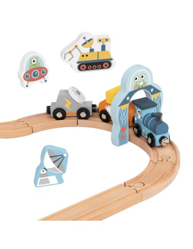 Medinė kosminė trasa TOOKY toy – bėgių rinkinys, raketa 3+ žaidimas