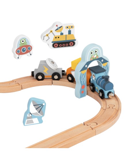 Holz-Weltraumzug Tooky toy – Strecken-Set mit Rakete, 3+ Spiel