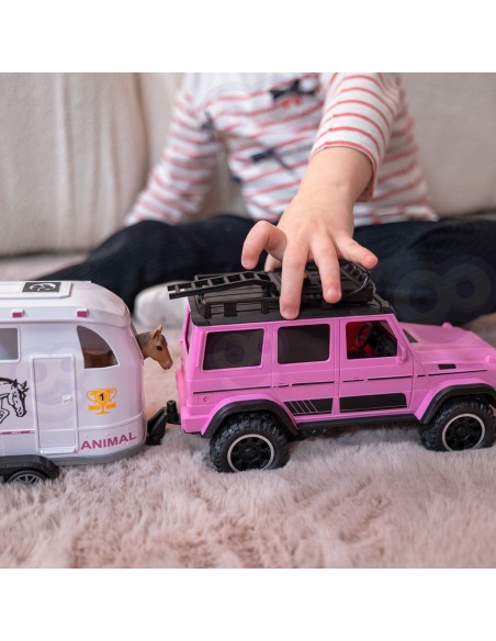 Rosa SUV mit Anhänger und Pferdefigur – realistisches Set von WOOPIE