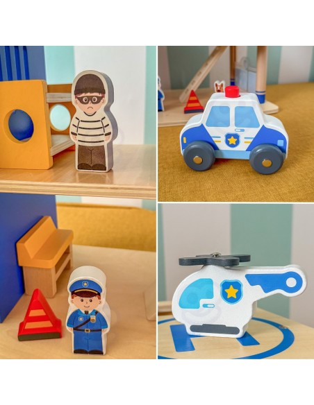 VIGA Holz Polizeistation mit Streifenwagen - 14-tlg., 3 Ebenen