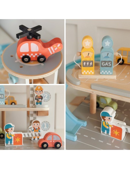 Woopie Green Wooden Multi-Story Car Park - Cars and Helicopter
