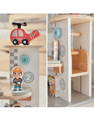 Woopie Green Wooden Multi-Story Car Park - Cars and Helicopter