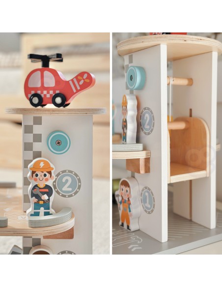 Woopie Green Wooden Multi-Story Car Park - Cars and Helicopter