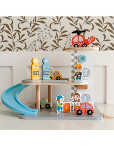 Woopie Green Wooden Multi-Story Car Park - Cars and Helicopter