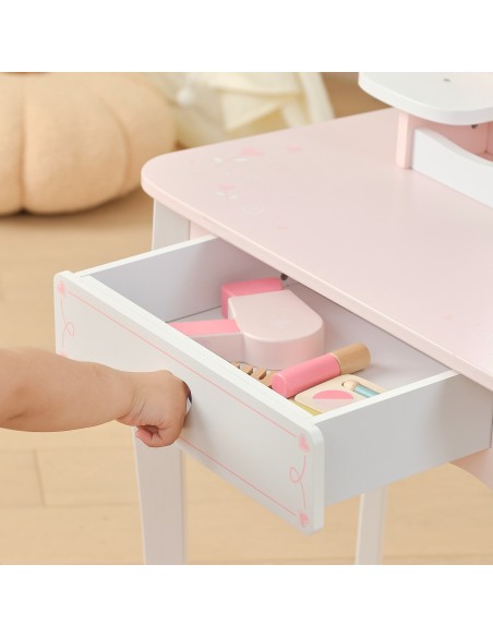 VIGA Große Holz-Toilette Weiß-Rosa mit Spiegel und Stuhl
