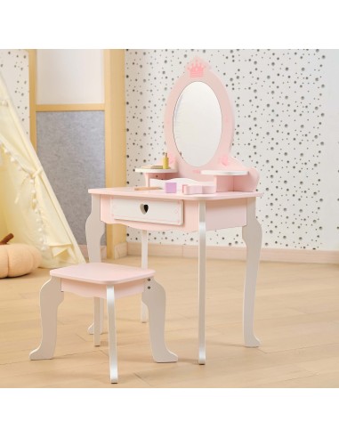VIGA Große Holz-Toilette Weiß-Rosa mit Spiegel und Stuhl