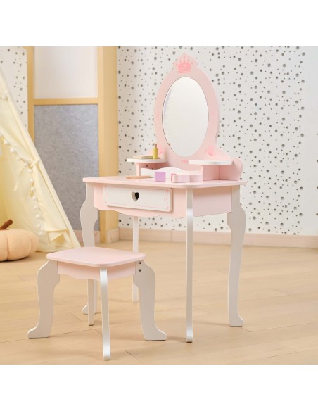 VIGA Große Holz-Toilette Weiß-Rosa mit Spiegel und Stuhl