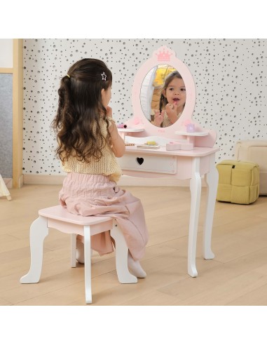VIGA Große Holz-Toilette Weiß-Rosa mit Spiegel und Stuhl