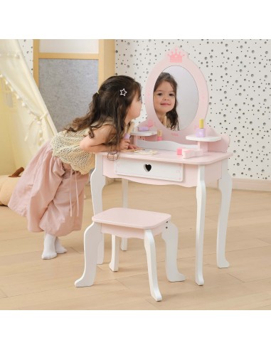 VIGA Große Holz-Toilette Weiß-Rosa mit Spiegel und Stuhl