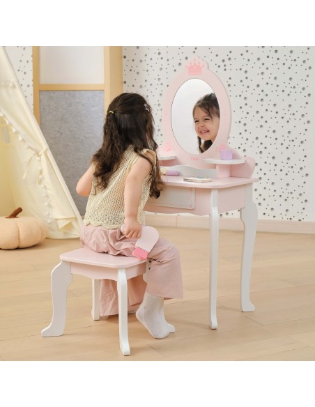 VIGA Große Holz-Toilette Weiß-Rosa mit Spiegel und Stuhl